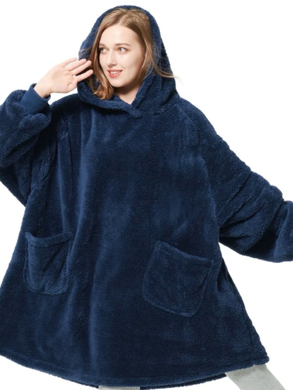 Oversized Plush Hooded Blanket  - Deep Navy.